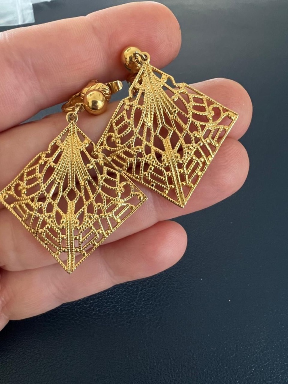 Trifari TM Gold Tone Open Filigree Diamond-Shape Drop Dangle Clip on Earrings - Picture 3 of 4